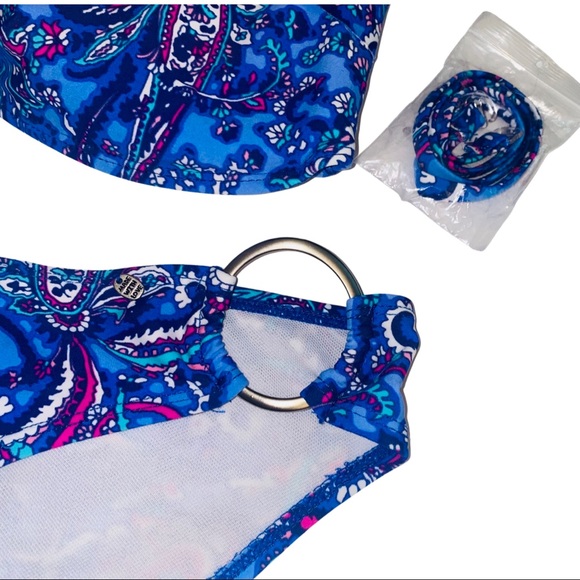 Kirra Swim | Blue & Pink Paisley Keyhole Boho Ruffled Bandeau Bikini | Size L - Picture 3 of 5